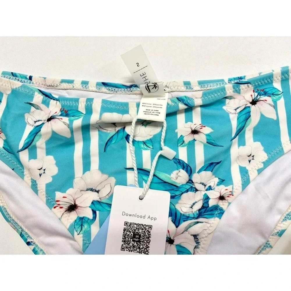 Cupshe Blue Floral Bikini Bottom Small NWT‎ Striped Tropical